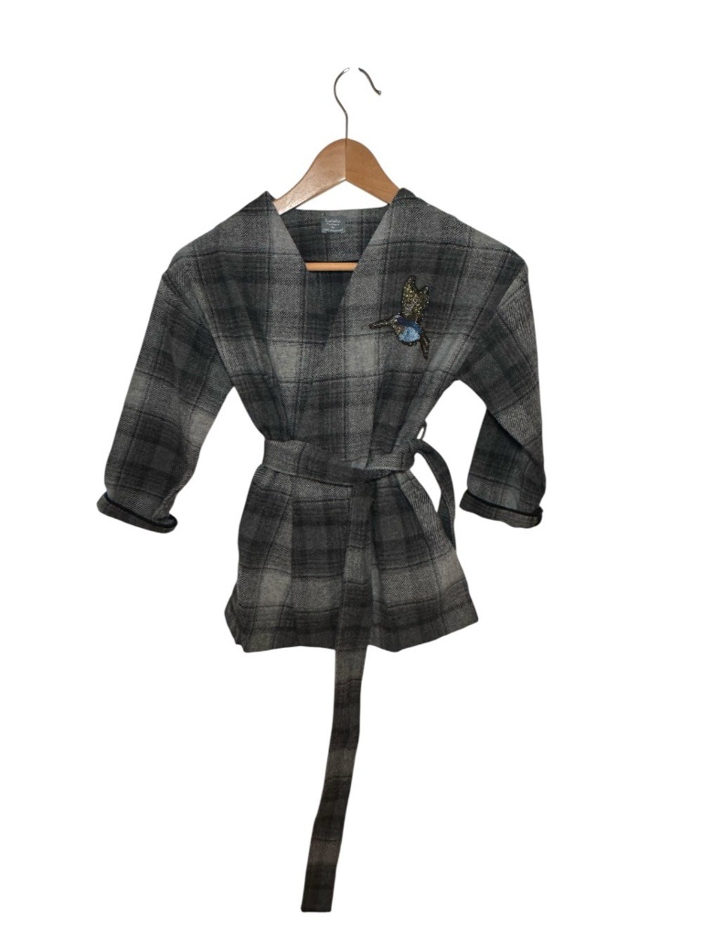 TOCOTO VINTAGE grey plaid wrap jacket/blazer with bird embroidery - size 8